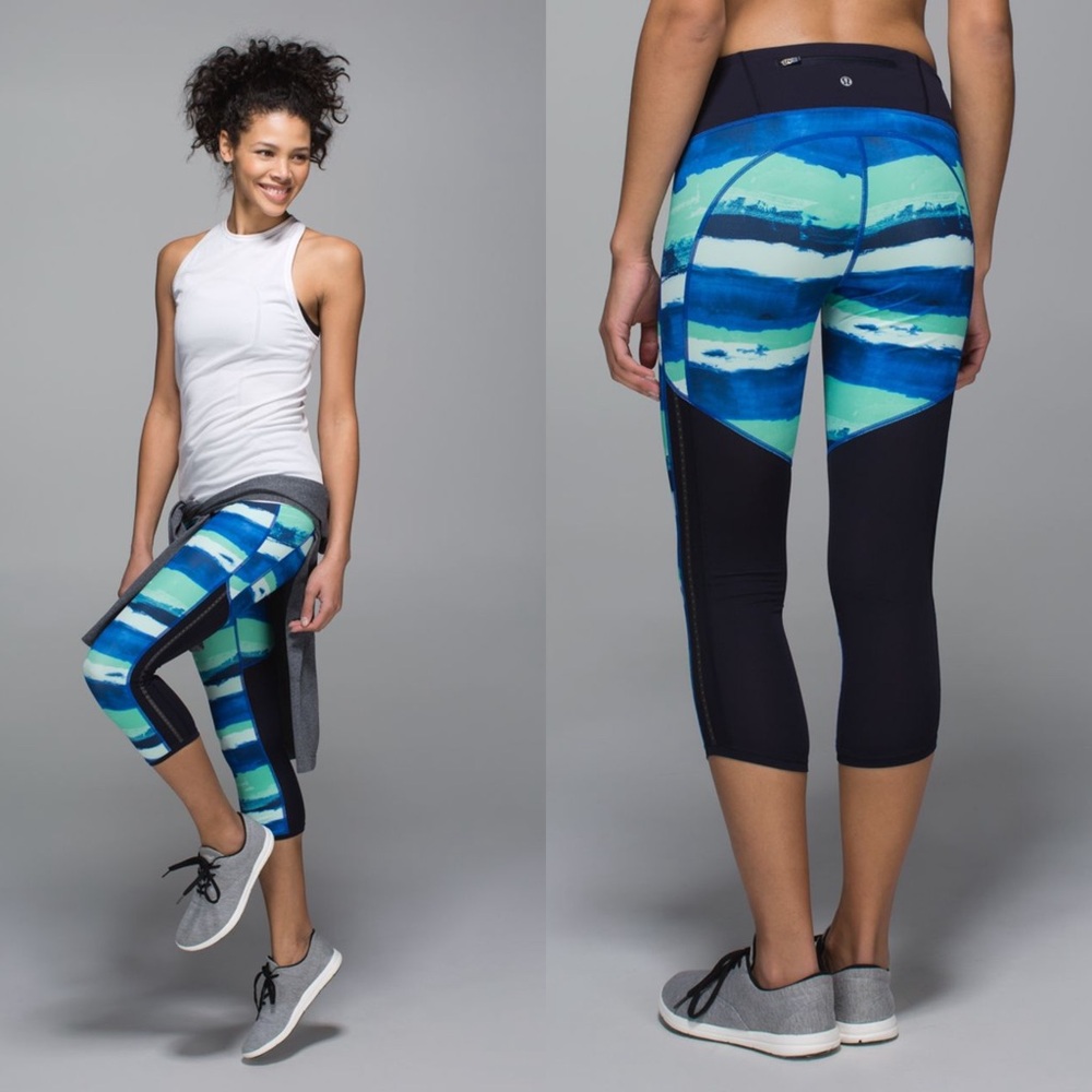 Lululemon Pace Pusher Crop Leggings Brush Strokes Harbor Blue Menthol Deep Navy